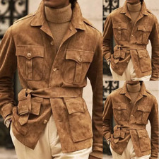 Vintage Brown Men's Safari Jacket Belted Suede Wedding Casual Hunting Coat Pant