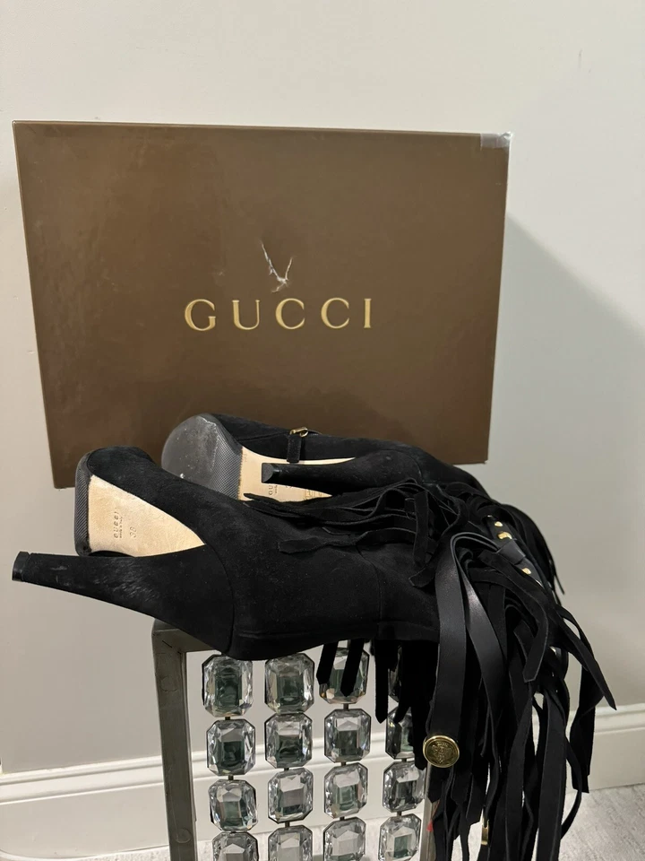 100% AUTÉNTICOS Gucci Negro Gamuza Flecos Botines Tacones EE. UU. 8 Foto 4 de 4
