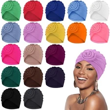 Jeyiour 18 Pcs Women Turban African Pre Tied Bonnet Hairwrap Flower Knot Bonn...