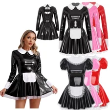 Women's Sweet Maid Cosplay Outfits Shiny Latex Long Sleeve Mini Dress Costume