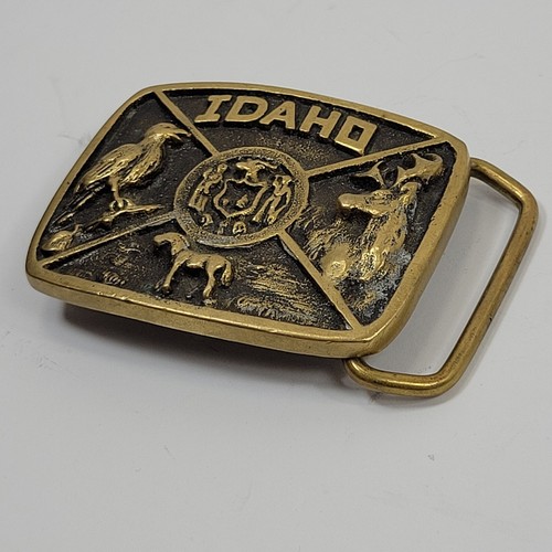 Vintage Idaho State Seal Solid Brass Belt Buckle Bluebird Elk 1983 - Picture 3 of 13