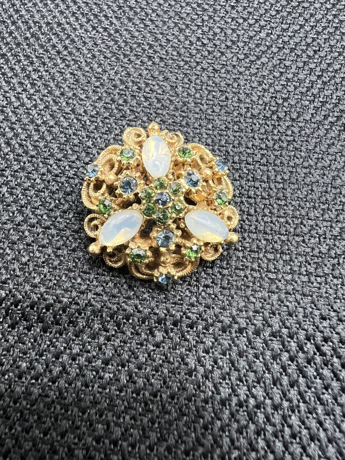 Vintage Florenza Gold Tone Faux Rhinestones & Opal  Cabochon Brooch Pin