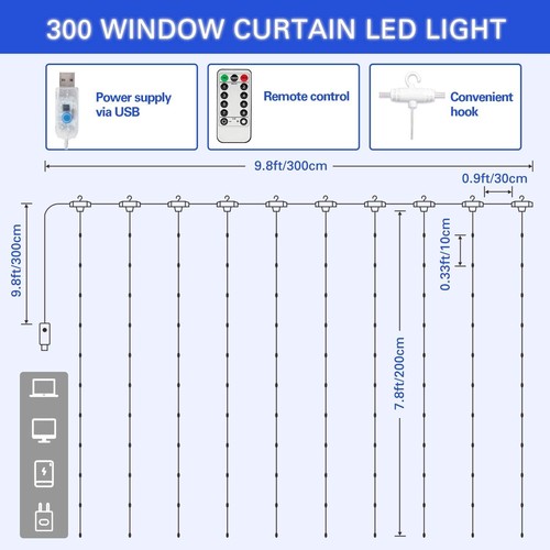 300 LED Curtain Lights String 3m*3m USB Powered Waterproof Twinkle Wall Lights - Picture 6 of 22