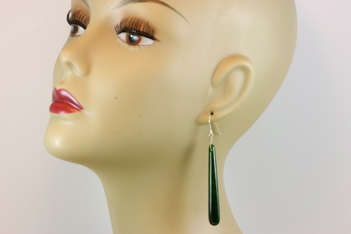 Jade Ohrringe grün Nephrit natürliche lange Tränen 3"" 14k massiv Sterling Gold - Bild 2 von 5