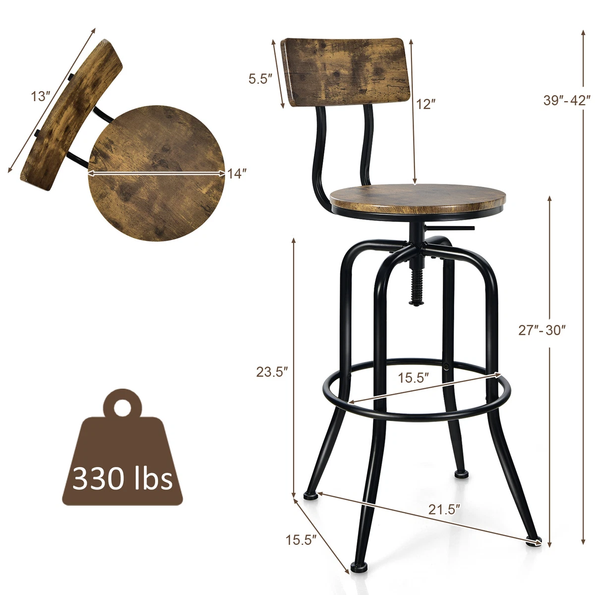 Set of 2 Industrial Bar Stool Adjustable Swivel Counter Height