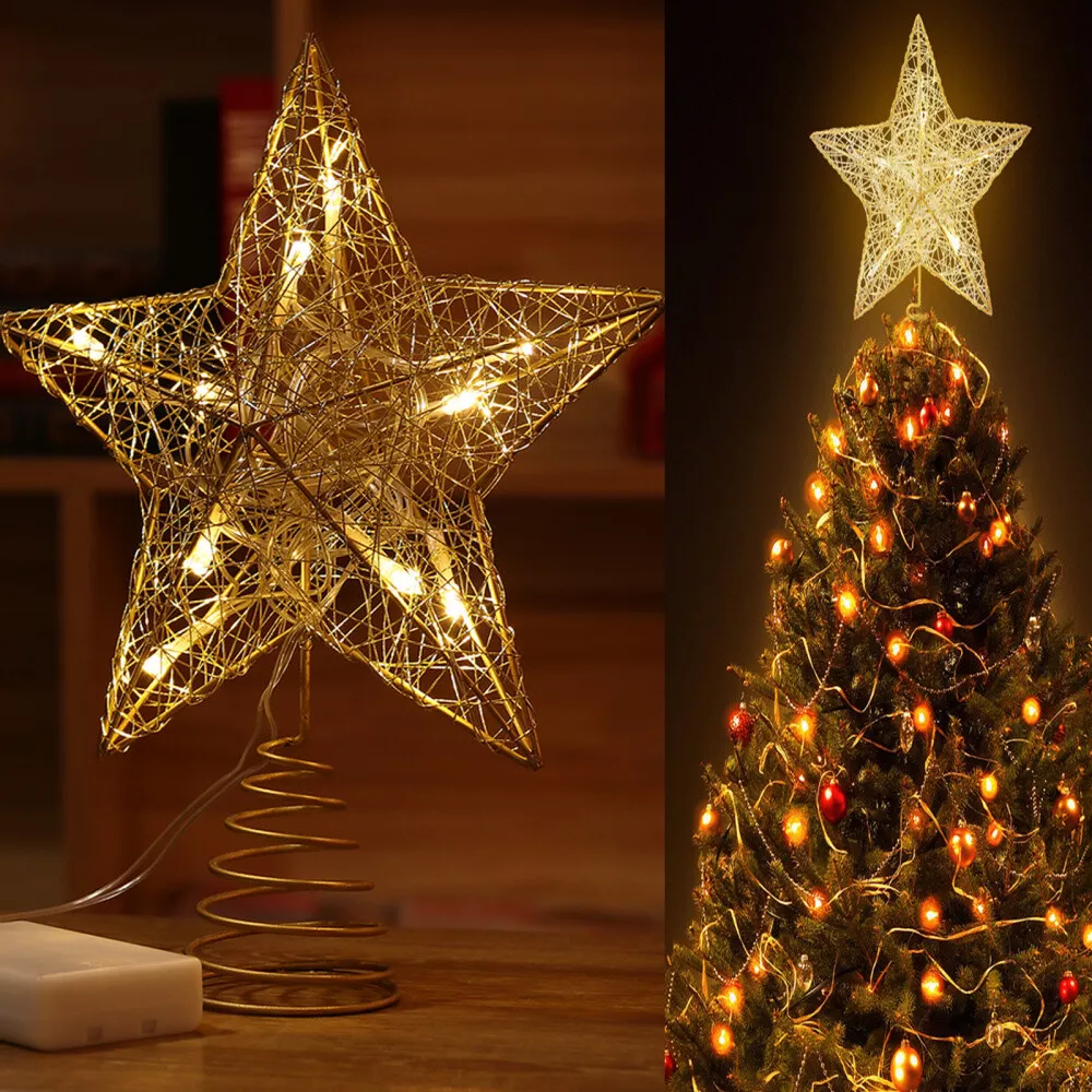 7.5-Inch Beaded Gold Metal Star Christmas Tree Topper Decoration