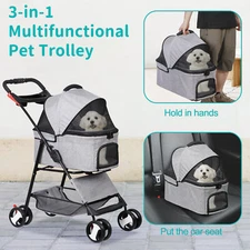 Pet Stroller 4 Wheels Dog Stroller 3-in-1 Folding Dog Stroller W/ Storage Basket
