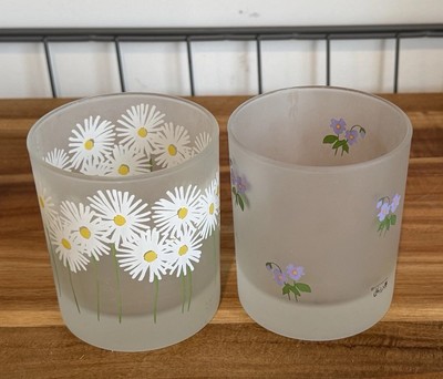 Dartington Designs Double Old Fashioned Cups 3.75  Violets & Daisies Lot Of 2