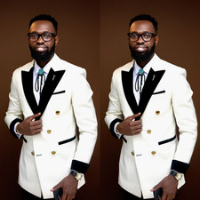 White Men's Suit Double Breasted Jacket for Wedding Groommen Prom Evening 2Pcs