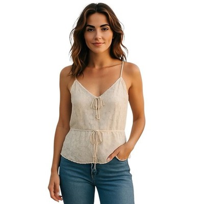 REBECCA TAYLOR OFF-WHITE CREAM SILVER METALLIC THREAD RACERBACK HALTER TANK TOP