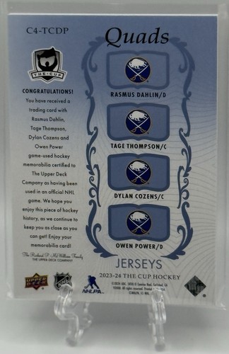 Dahlin Thompson Cozens Power 2023-24 Upper Deck The Cup Sabres Quads Jerseys /25 - Picture 3 of 3