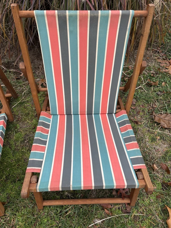 Tumbonas plegables vintage de madera y lona - Par Foto 3 de 4