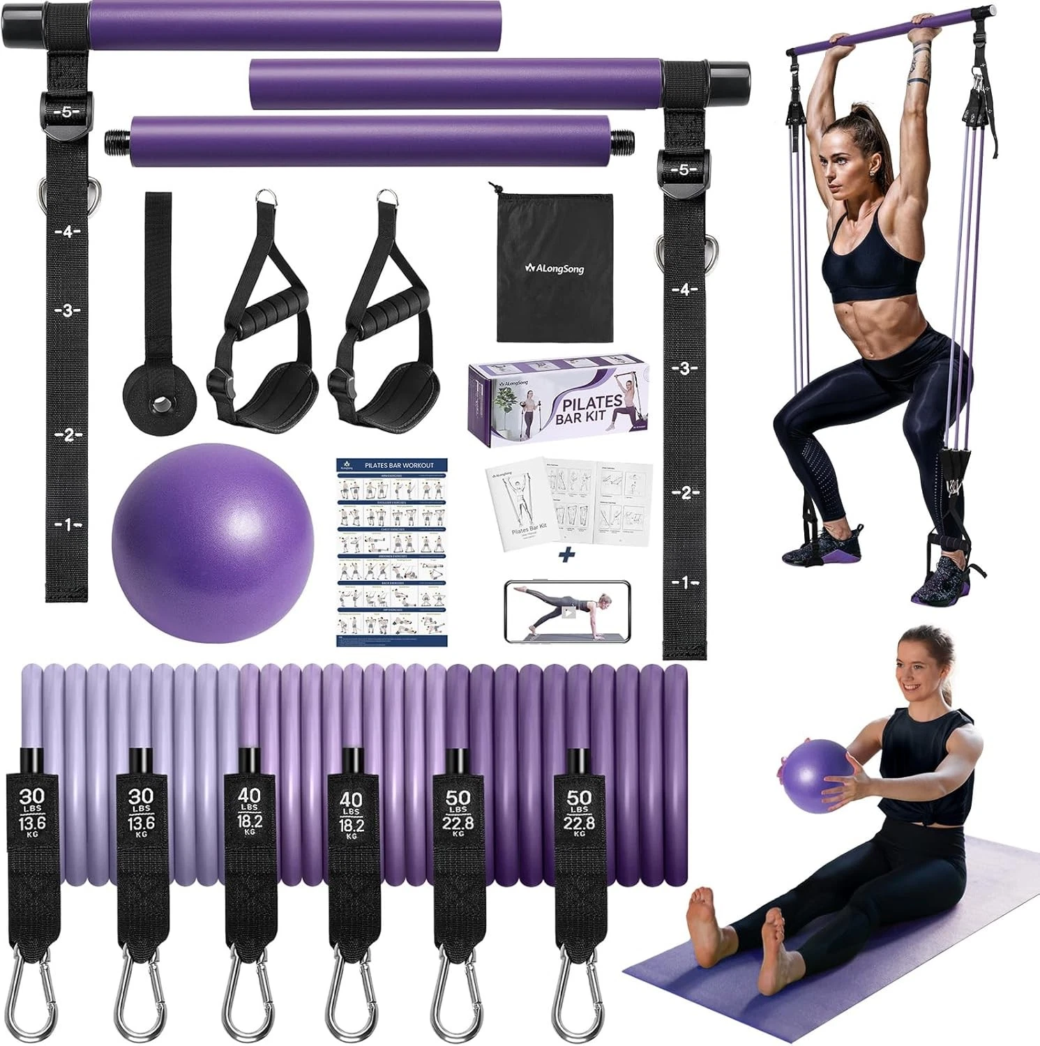 Upgraded Pilates Bar Kit W/ Resistance Bands Natural Latex Women & Men
