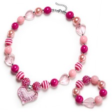 Glitter Heart Pendant Chunky Bubblegum Necklace and Bracelet Set Girls Valentine