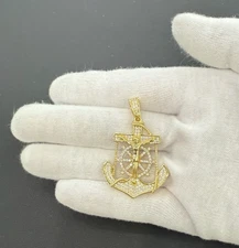 Anchor Wheel Pendant 925 Sterling Silver Gold Plated Iced CZ Charm 1.8 inch