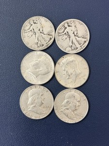 6 Silver Half Dollar Coins 90% Silver - Franklin Kennedy Walking Liberty - LOT A
