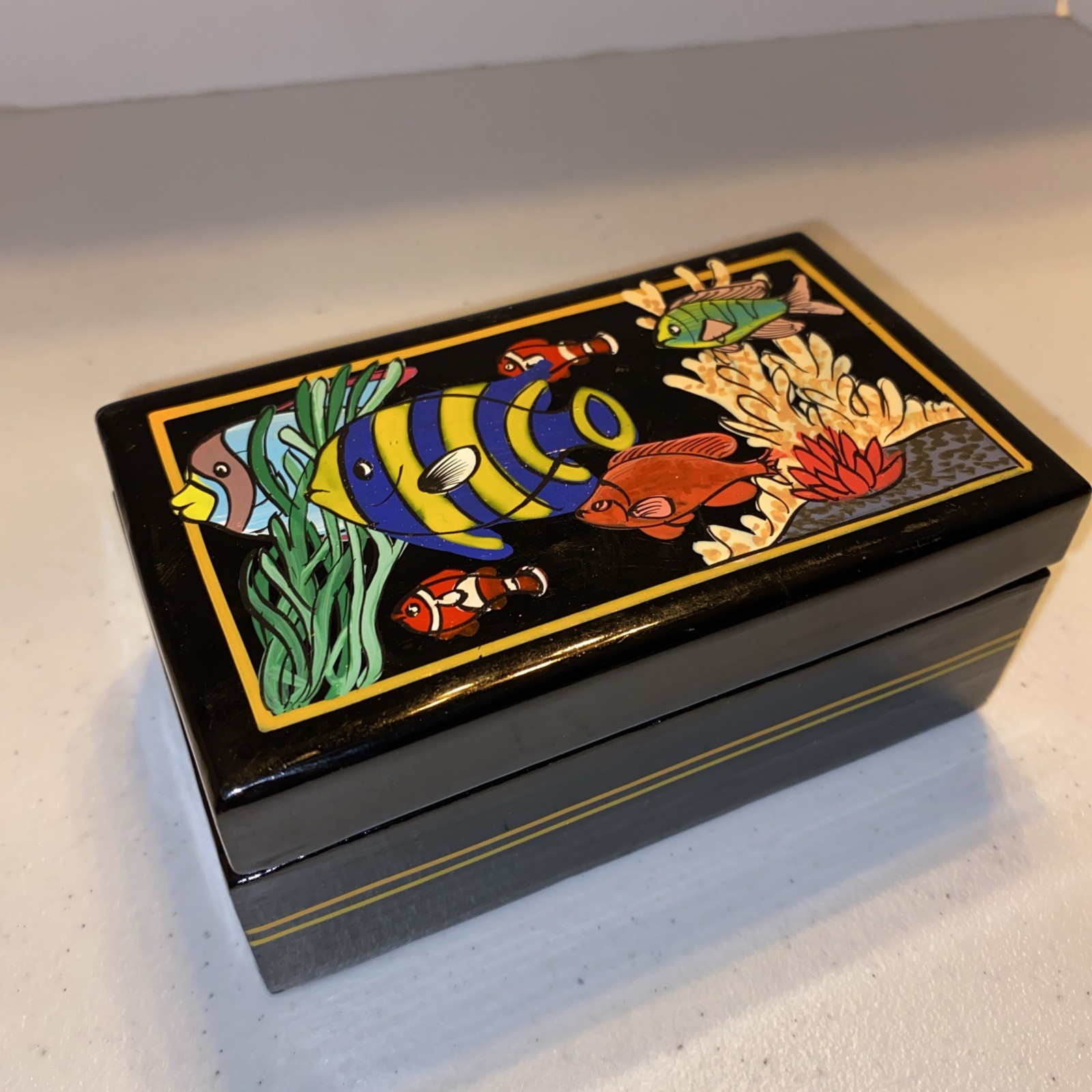 Black Lacquer Rectangular Box Decor Thailand Brightly Colored Fish Ocean Coral