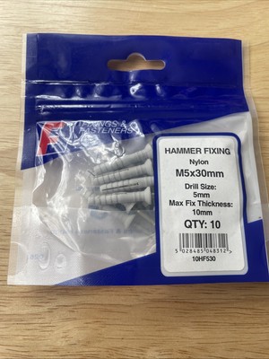 Hammerbefestigung, Nylon M5x30mm, Bohrergröße 5mm, maximale Fixstärke 10mm, 10er Pack