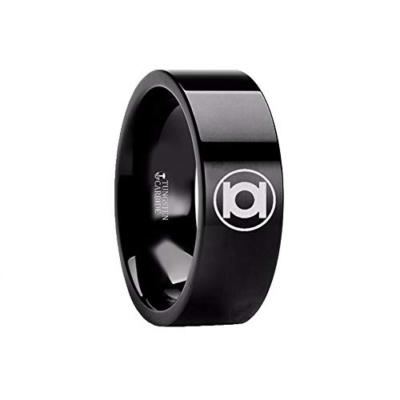 Green Lantern Symbol Super Hero Black Tungsten Carbide Engraved Ring - 8mm