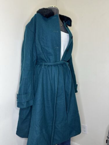 Asos Womens Tweed Overcoat 22 3XL 52" Plus Blue Teal Faux Fur Trench Coat Jacket - Picture 6 of 13