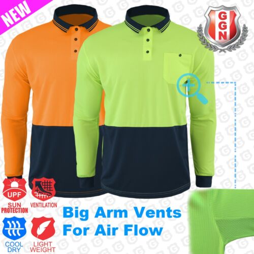 HI VIS Polo Shirts Men Classic 2 Tone Contrast Cool Dry MESH Under Arm Vent LONG - Picture 1 of 20