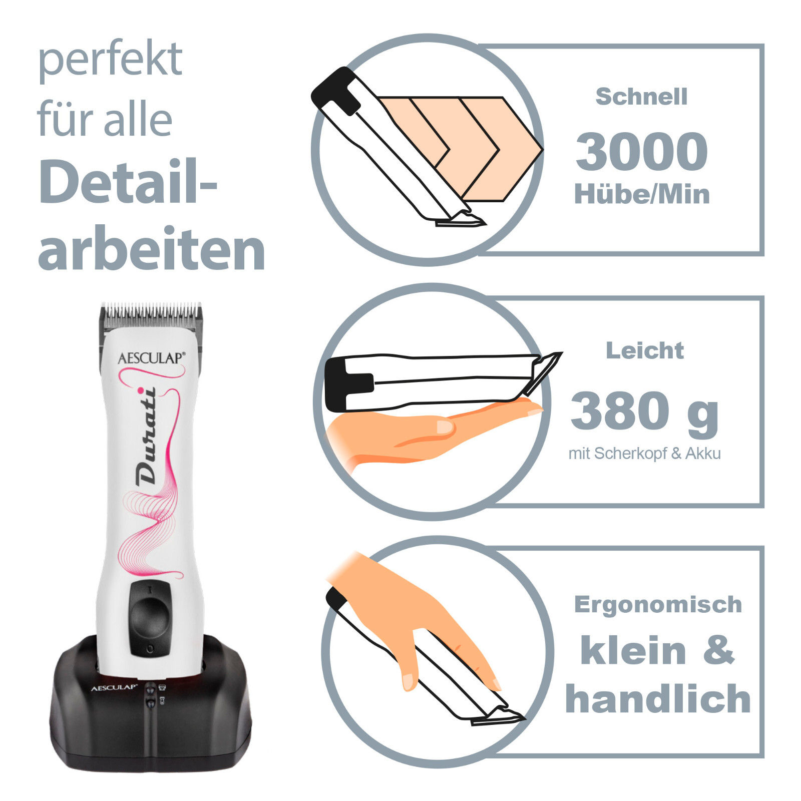 Aesculap Durati Prowhite Lithium-Ion Battery Clippers Clipper Head 1.5 mm