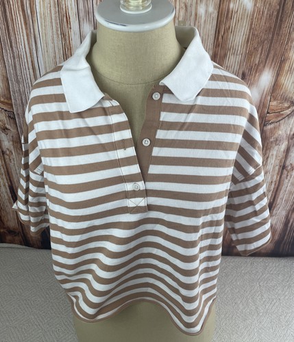 OFFLINE By Aerie Cropped Polo Tan Striped Size Medium