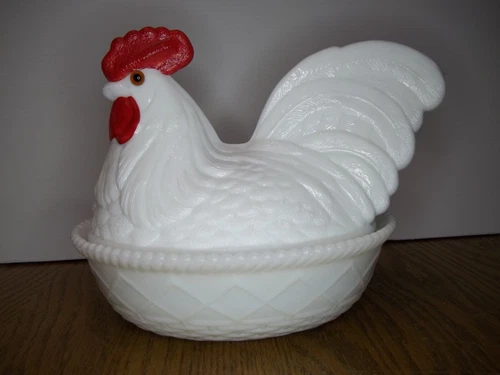 vintage 1950's MCM Westmoreland large milk glass rooster in basket candy dish