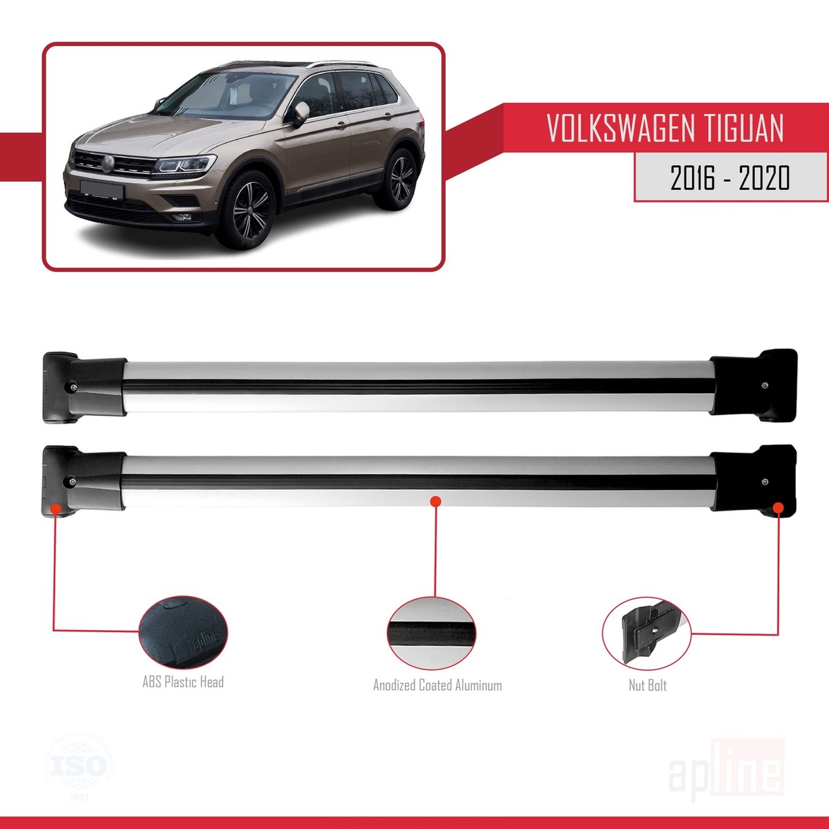 Barres De Toit ACE-1 Pour Volkswagen Tiguan 2016-2020 - Gris/Noir, Charge Max 75 Kg, Facile à Monter