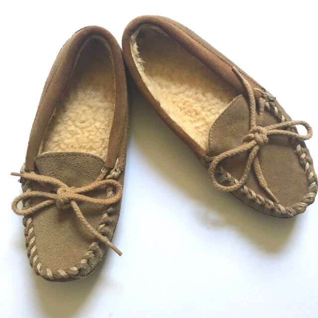 LL Bean Youth Moccasins Slippers Size 1 Suede Tan Sherpa
