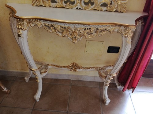 INGRESSO CONSOLE CON SPECCHIERA STILE BAROCCO LUIGI XIV AVORIO E FOGLIA ORO - Foto 2 di 8