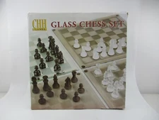 Glass Chess Set Frosted Clear & Black Glass w/Mirror Board New Open Box CHH