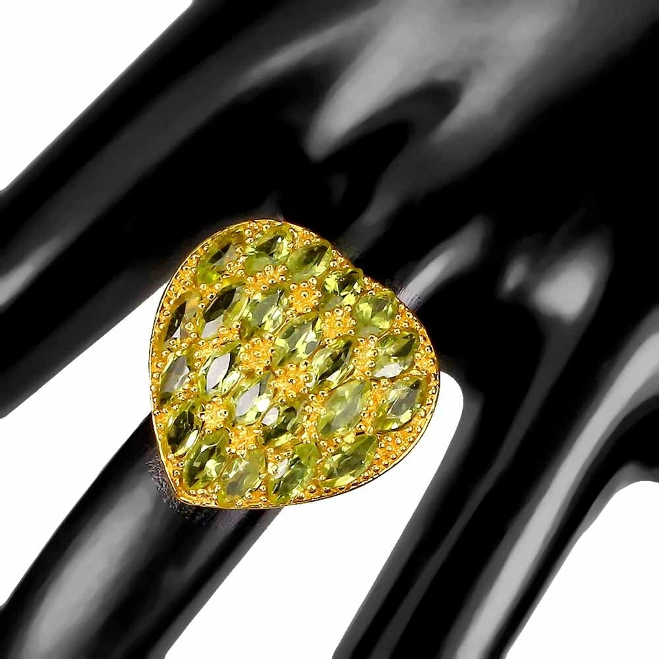 925 Anello Argento Sterling Marquise Peridoto Naturale Gemma Gioielli Misura 8 - Immagine 3 di 4