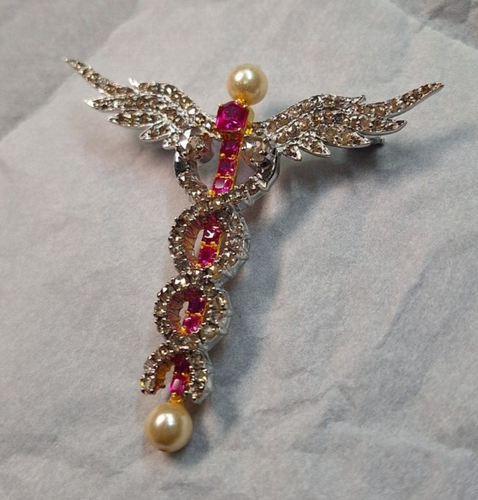1.5 CT Ruby 2.5 CT Zircon 4 CT Pearl 925 Sterling Silver Brooch - Picture 3 of 4