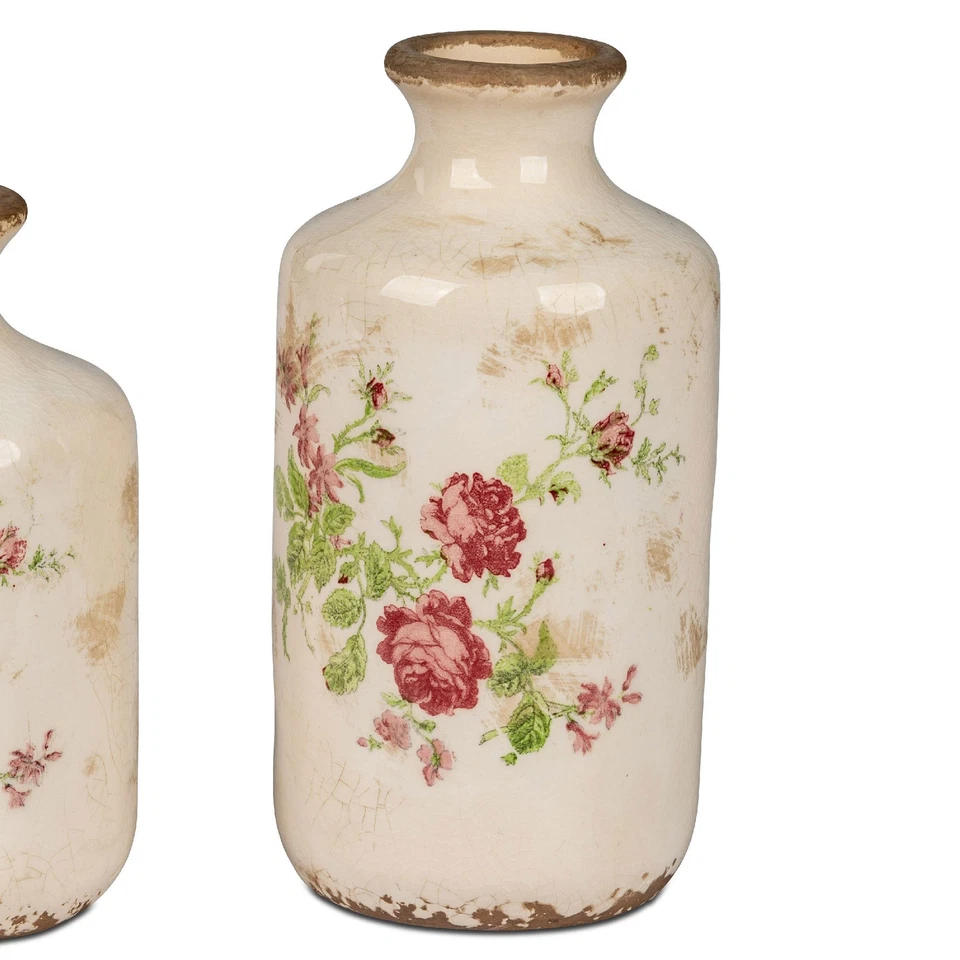 Dekovase VINTAGE ROMANTIK mit Rosendekor H. 21cm weiß rosa braun Formano S25