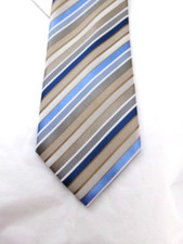 "NEW" KENNETH COLE REACTION  BLUE, WHITE AND GOLDEN BROWN STRIPED SILK TIE