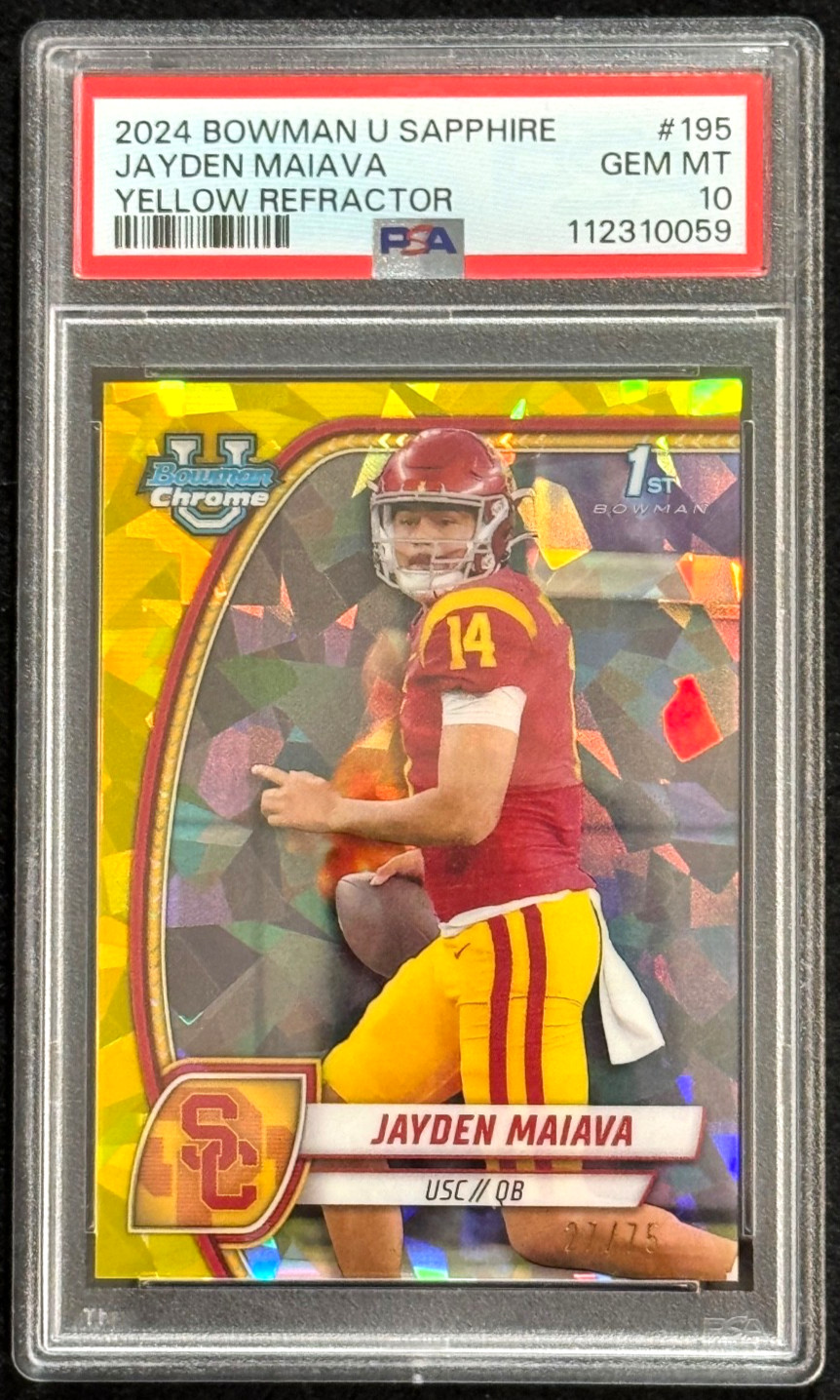 Jayden Maiava 2024 Bowman U Chrome 1st Yellow Sapphire Refractor/75 PSA 10