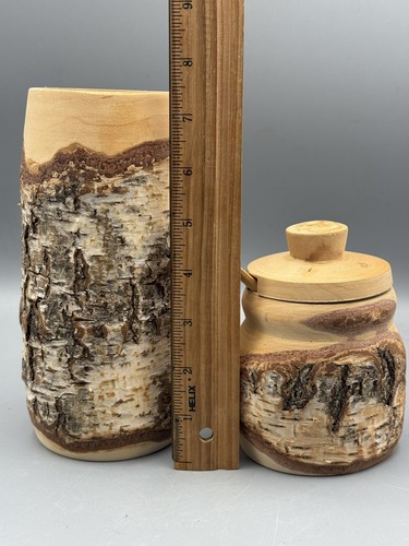 Vintage Unikat Naturrinde handgedrechselt Holzstein und Deckeldose mit Löffel - Bild 9 von 9