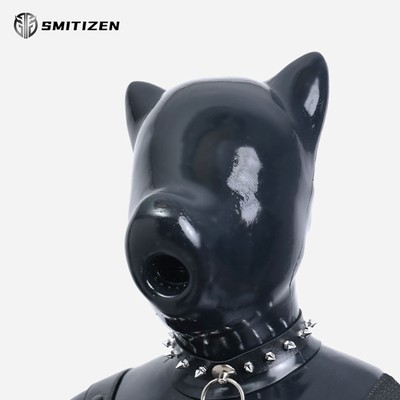 Smitizen Schwarze Glänzende Silikon Hundedrohnen Haube Vollmaske für Halloween