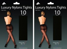 2 Pairs Womens 10 Denier Luxury Nylons Tights with Lycra Black - Medium/Large