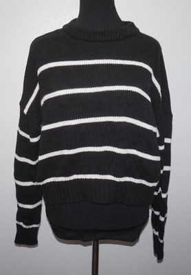 Lillusory Black White Stripe Crop Sweater Womans Sz M Drop Shoulder