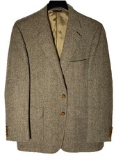Vtg Fine Wool Brown Herringbone Tweed Mens Blazer-Leather Buttons-Sz 40-USA Made