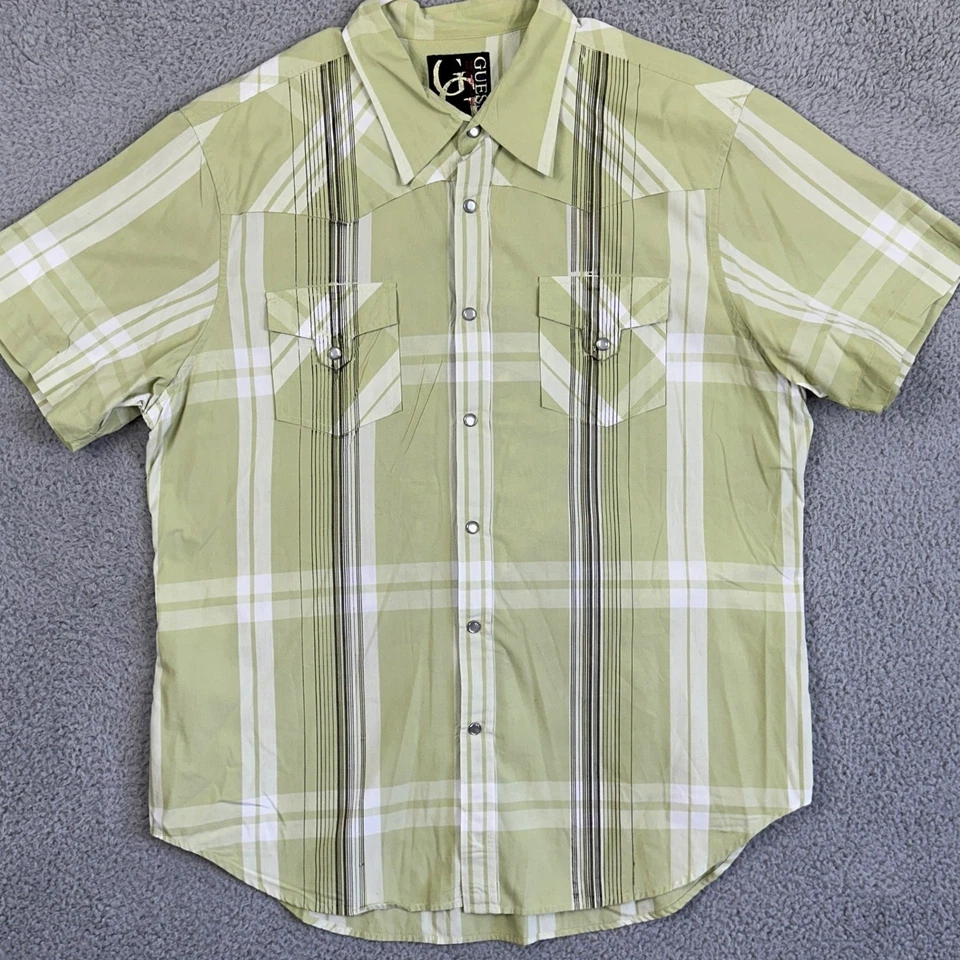 Guess Shirt Button Up Mens 2XL Green White Plaid Pearl Snap Flap Pockets Casual - Image 2 of 4