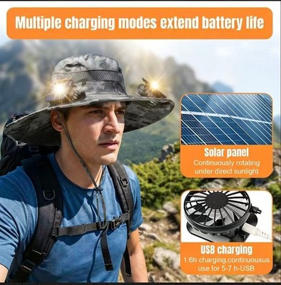 Solar-powered fan sun hat with 2 fans, adjustable 180° rotation, UPF 50+ sun pro