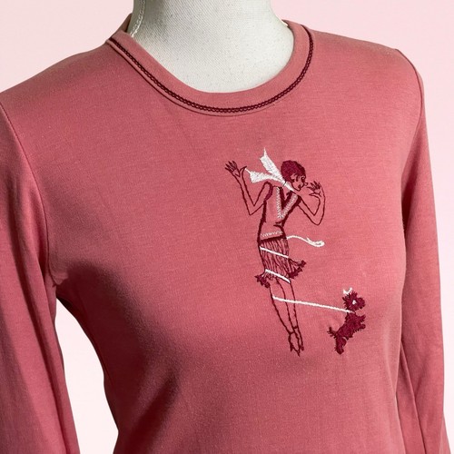 vintage 80s pink flapper girl Scottie dog embroidered preppy long-sleeve top S - Picture 6 of 15