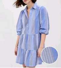Gap Puff Sleeve Tiered Mini Shirtdress Blue White Stripes Med Petite Cotton NWT