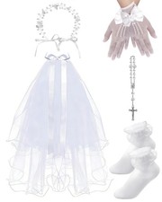Girls First Communion Veils Set White Floral Wreath Veil Headpiece Pearl Bracele