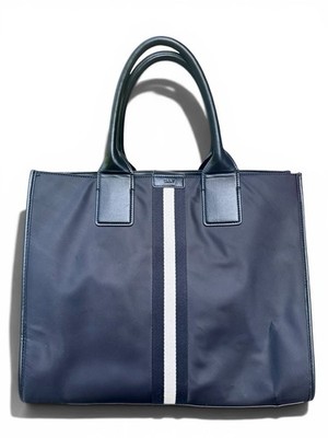 DKNY Navy Nylon Leather Trim Large Tote Bag Shoulder Purse Black White Stripe