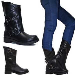 SCARPE Donna Stivali Anfibi Stivaletti bassi biker boots Motociclista fibbie  C38 | eBay