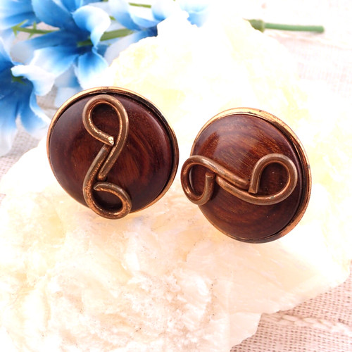 Vintage Oversized Copper Wood Round Cufflinks